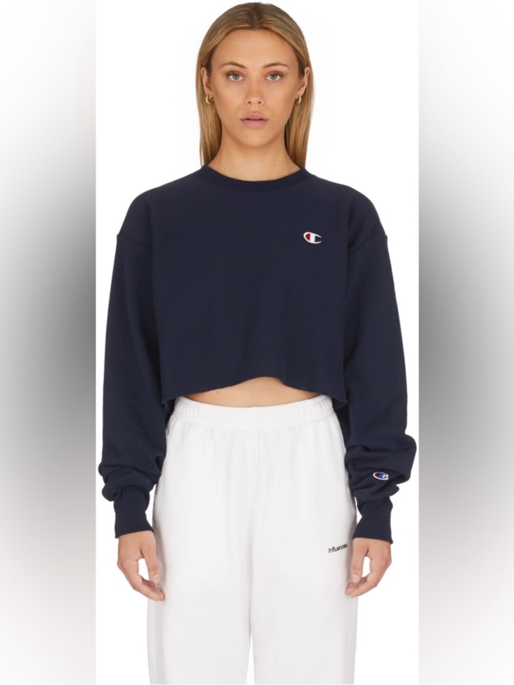 Champion Cropped Crewneck Sweatshirt - Navy with Logo
